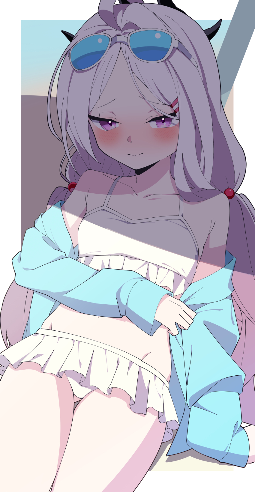 1girl, absurdres, ahoge, asagisui, bare_shoulders, bikini, blue-tinted_eyewear, blue_archive, blue_jacket, blush, breasts, closed_mouth, commentary_request, cosplay, demon_horns, embarrassed, eyewear_on_head, facing_viewer, gluteal_fold, hair_bobbles, hair_ornament, hairclip, highres, hina_(blue_archive), horns, hoshino_(blue_archive), hoshino_(blue_archive)_(cosplay), hoshino_(swimsuit)_(blue_archive), jacket, jacket_partially_removed, loli, long_hair, long_sleeves, looking_ahead, low_twintails, off_shoulder, pink_hair, purple_eyes, sitting, small_breasts, solo, swimsuit, tinted_eyewear, twintails, very_long_hair, white_bikini