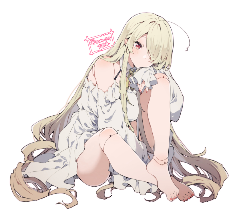 1girl, ahoge, bare_shoulders, blonde_hair, blush, collarbone, doll_joints, dress