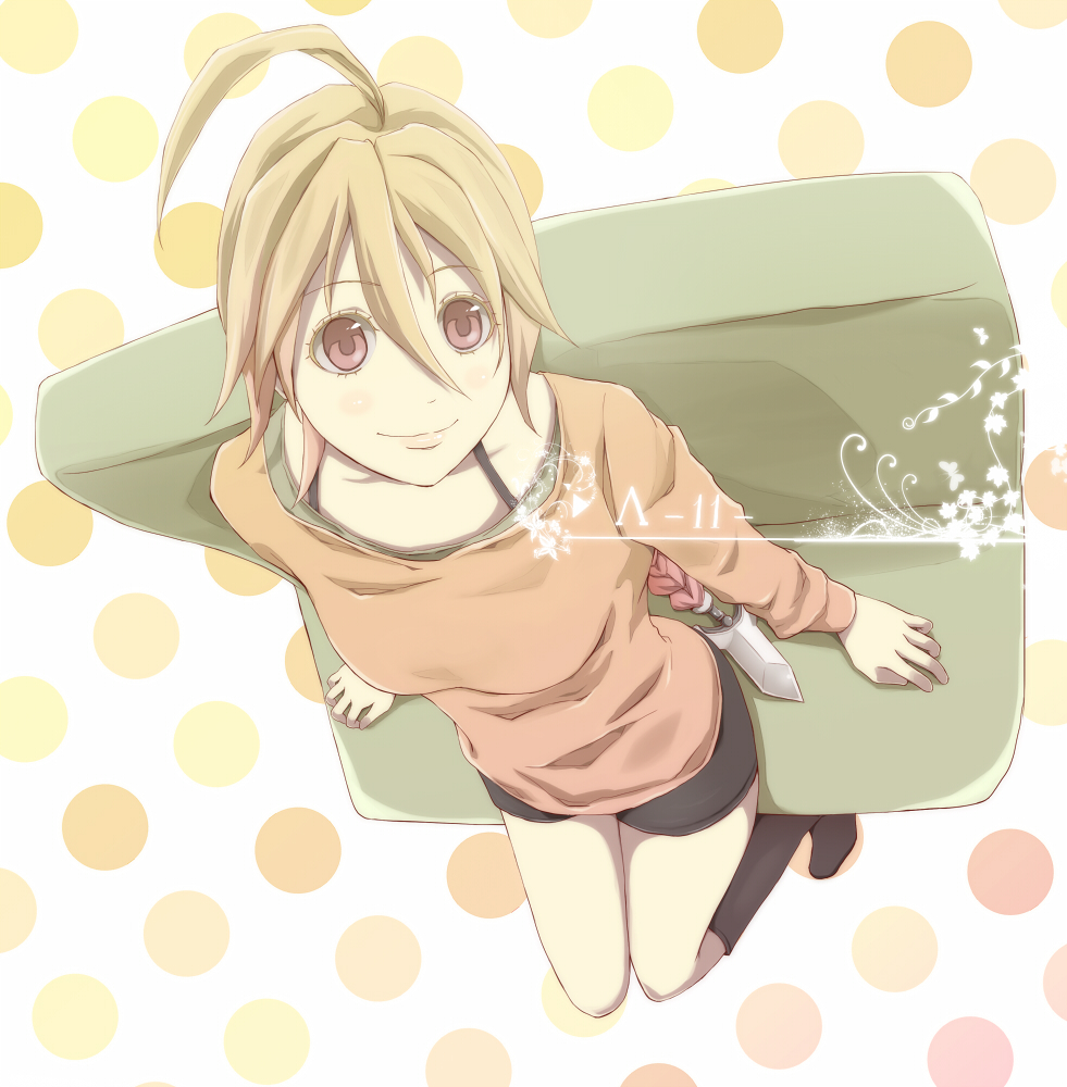 1girl, ahoge, alternate_costume, arc_system_works, black_socks, blazblue, blonde_hair, braid