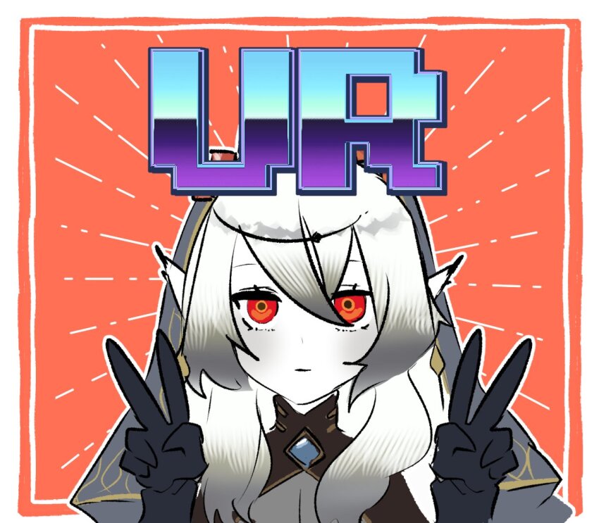 1girl, bare_shoulders, blazing_cartesia_the_virtuous, breasts, cleavage_cutout, clothing_cutout, colored_skin, detached_sleeves, double_v, dress, duel_monster, ecclesia_(yu-gi-oh!), gameplay_mechanics, gauntlets, gradient_hair, grey_hair, long_hair, medium_breasts, multicolored_hair, pointy_ears, red_dress, red_eyes, shi_(shi4see), sketch, solo, v, veil, white_hair, white_skin, yu-gi-oh!, yu-gi-oh!_master_duel