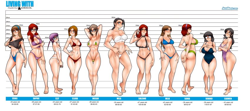 6+girls, absurdres, antenna_hair, arm_support, arms_up, artist_name, ass, bare_legs, bare_shoulders, barefoot, biceps, bikini, bikini_under_clothes, black_skirt, blue_one-piece_swimsuit, bob_cut, breasts, breasts_squeezed_together, character_request, chart, cleavage, cleavage_cutout, clothes_lift, clothing_cutout, crossed_arms, curvy, glasses, green_one-piece_swimsuit, grey_hair, gym, highleg, highleg_panties, highleg_swimsuit, highres, huge_breasts, jago_dibuja, large_breasts, lips, long_hair, looking_at_viewer, low_ponytail, medium_breasts, medium_hair, mila_(living_with_hipstergirl_and_gamergirl), mother_and_child, mother_and_daughter, multiple_girls, muscular, muscular_female, navel, one-piece_swimsuit, open_mouth, original, panties, parent_and_child, ponytail, shiny_skin, shirt, shirt_lift, short_hair, size_comparison, size_difference, skirt, small_breasts, smile, standing, swimsuit, thighs, thong, thong_bikini, underwear, undressing, very_long_hair, white_background, wide_hips