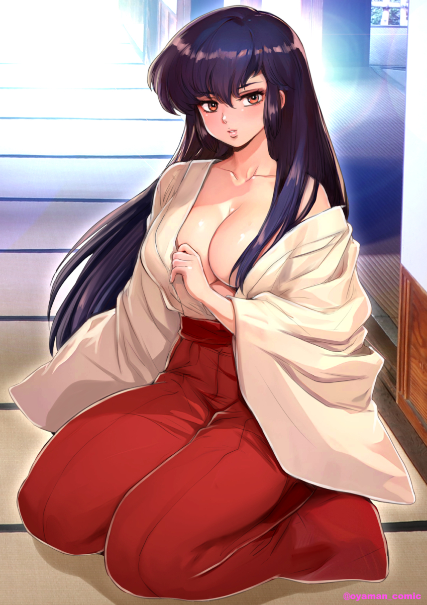 1girl, breasts, brown_eyes, collarbone, commentary_request, hair_between_eyes, hair_over_shoulder, hakama, hakama_pants, highres, indoors, japanese_clothes, kimono, large_breasts, light_blush, long_hair, long_sleeves, looking_at_viewer, miko, off_shoulder, oyaman, pants, parted_lips, purple_hair, red_pants, sakura_(urusei_yatsura), seiza, sitting, solo, tatami, twitter_username, urusei_yatsura, very_long_hair, white_kimono, wide_sleeves