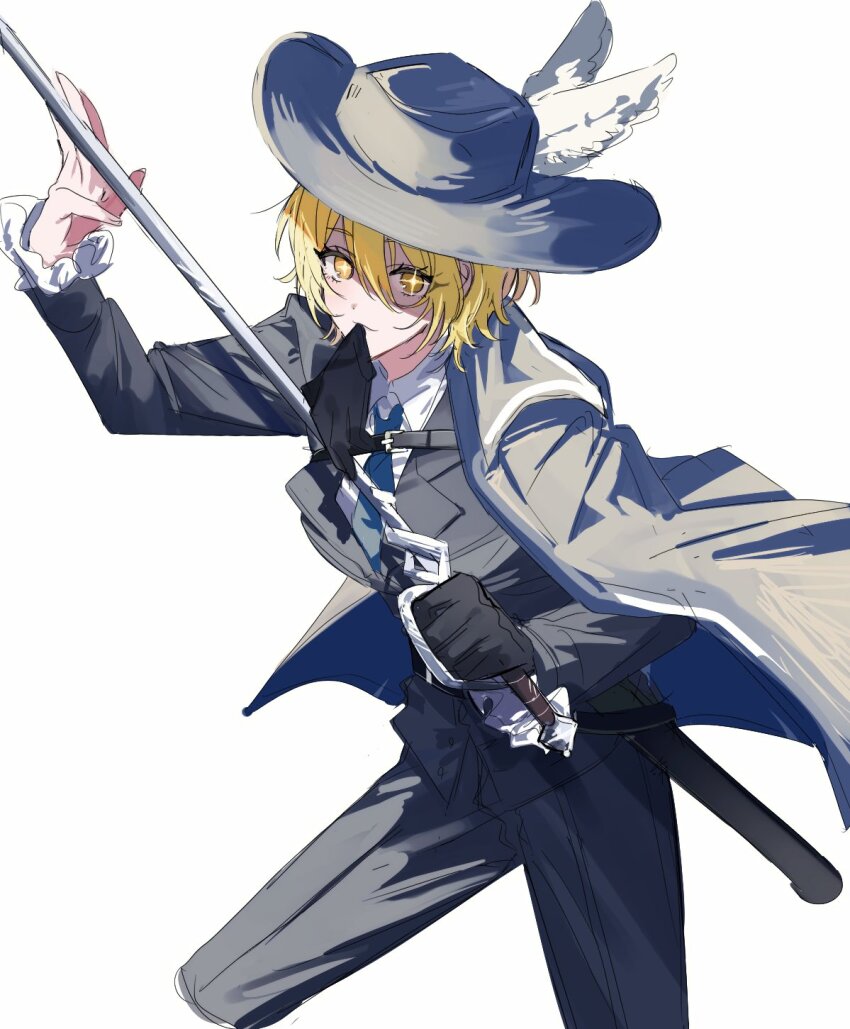 1girl, black_gloves, black_vest, blonde_hair, blue_cape, blue_headwear, blue_necktie, blue_pants