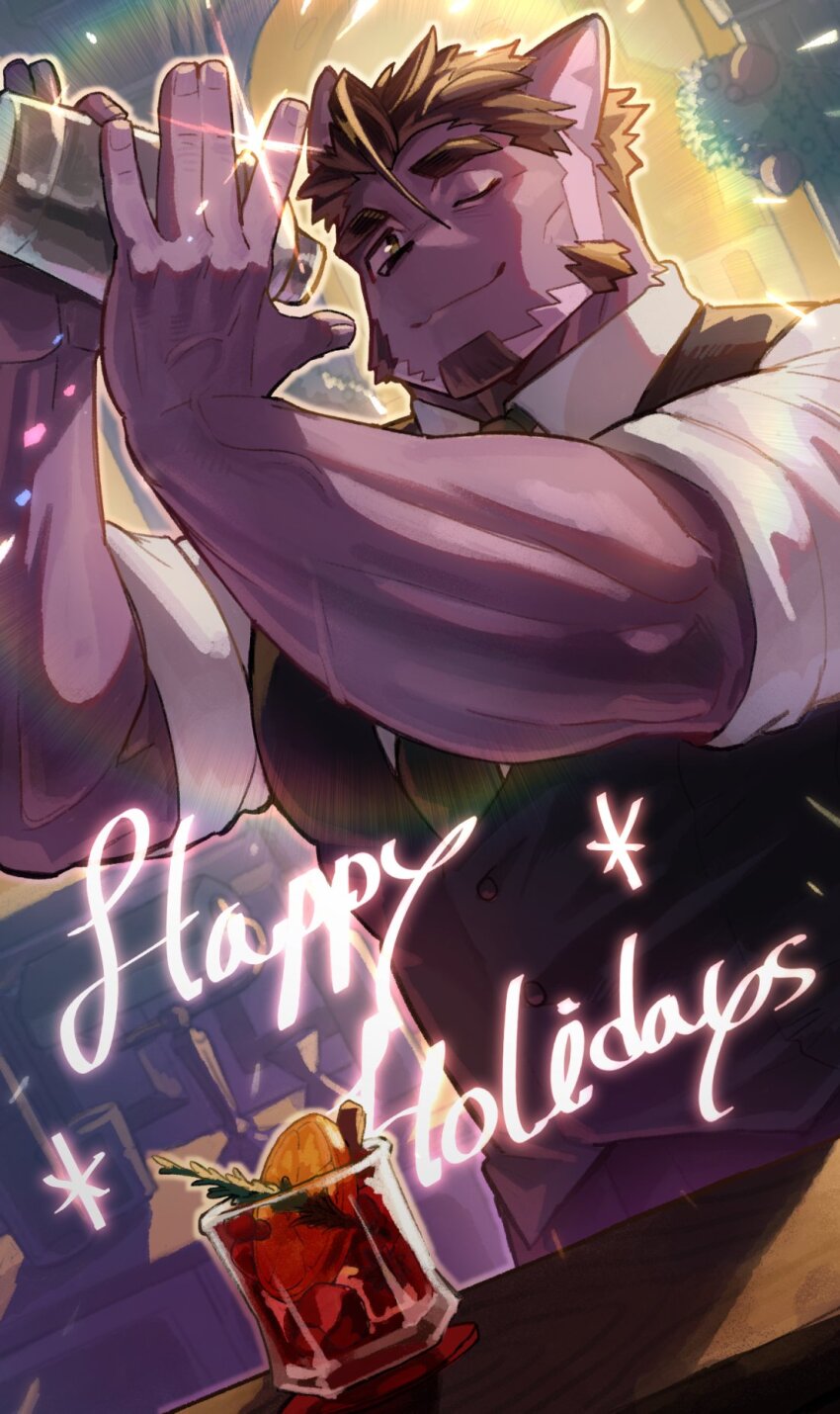 1boy, animal_ears, bara, bartender, beard, black_necktie, black_vest, cat_boy