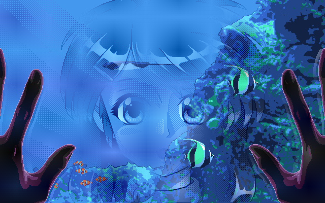 1girl, animated, animated_gif, aquarium, blinking, buchidot, clownfish, commentary, dithering, english_commentary, female_pov, fish, hair_ornament, hairclip, jack_(fish), jack_mackerel, looping_animation, manta_ray, moorish_idol, open_mouth, original, pc-98_(style), pixel_art, pov, purple_hair, reflection, retro_artstyle, rock, school_of_fish, solo, sparkling_eyes, stingray, tropical_fish