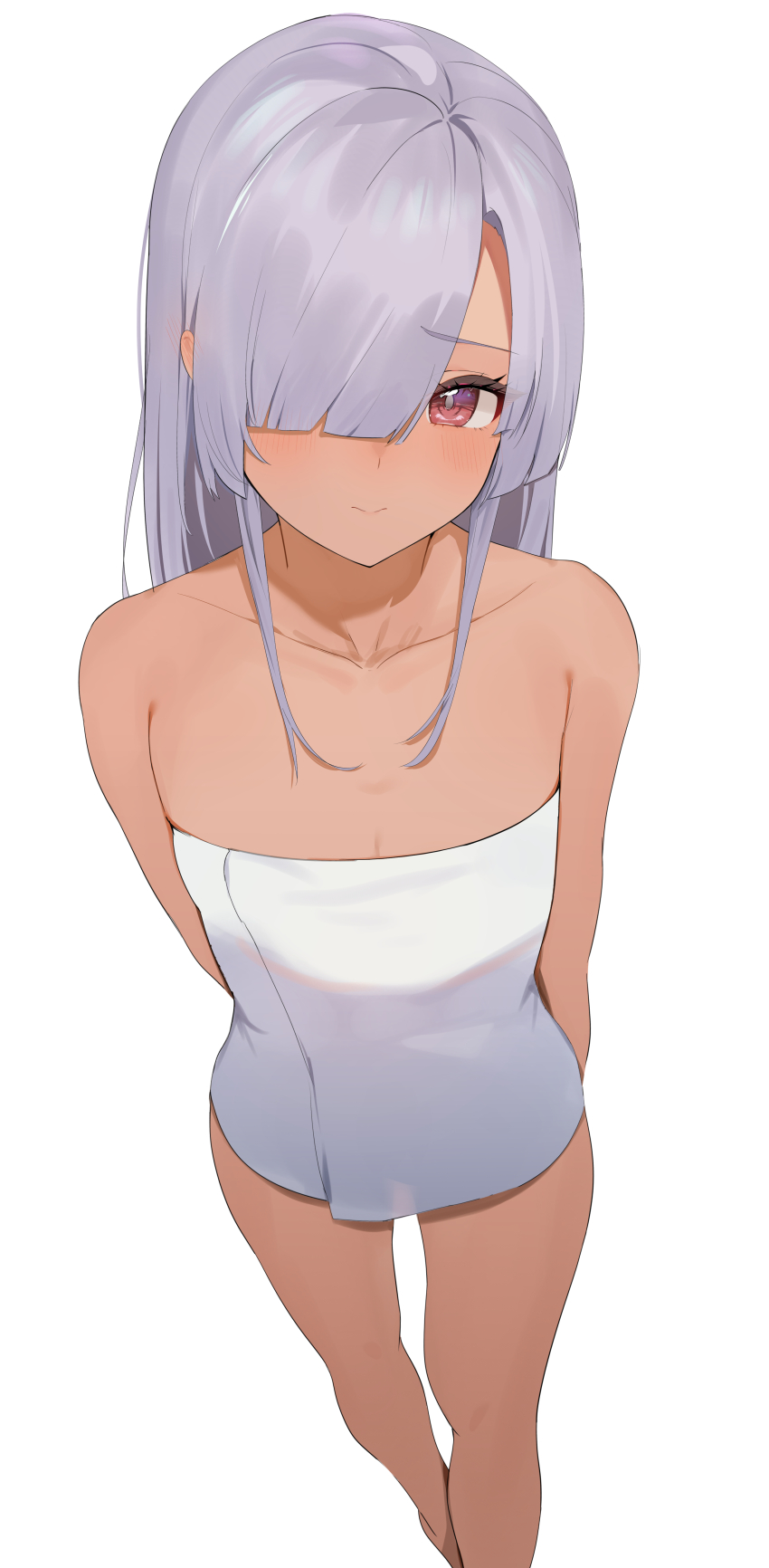 1girl, absurdres, arms_behind_back, blunt_bangs, blush, breasts, cleavage, closed_mouth, collarbone, commentary_request, dark-skinned_female, dark_skin, grey_hair, hair_over_one_eye, hair_over_shoulder, highres, legs, light_blush, long_hair, looking_at_viewer, purple_eyes, red_eyes, simple_background, small_breasts, solo, tenka_hyakken, thighhighs, torikai_rai_kunitsugu, towel, white_background, xochi_(nueeen6978)