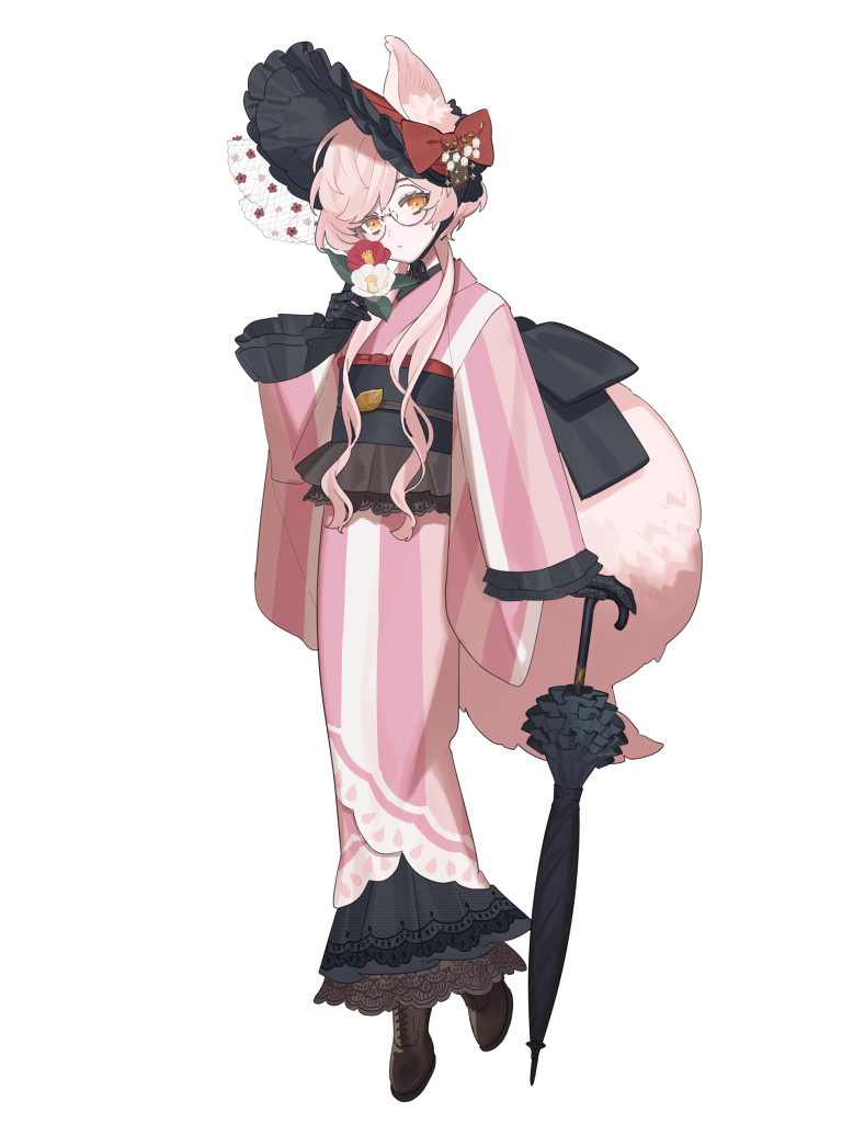 1girl, animal_ears, black_gloves, black_umbrella, bonnet, bow, brown_footwear, chain_paradox, closed_umbrella, flower, fox_ears, fox_tail, glasses, gloves, holding, holding_flower, ikaruga_touko, japanese_clothes, kimono, long_sleeves, looking_at_viewer, obi, pink_kimono, red_bow, sash, short_hair, tail, umai_oimo, umbrella, wide_sleeves, yellow_eyes