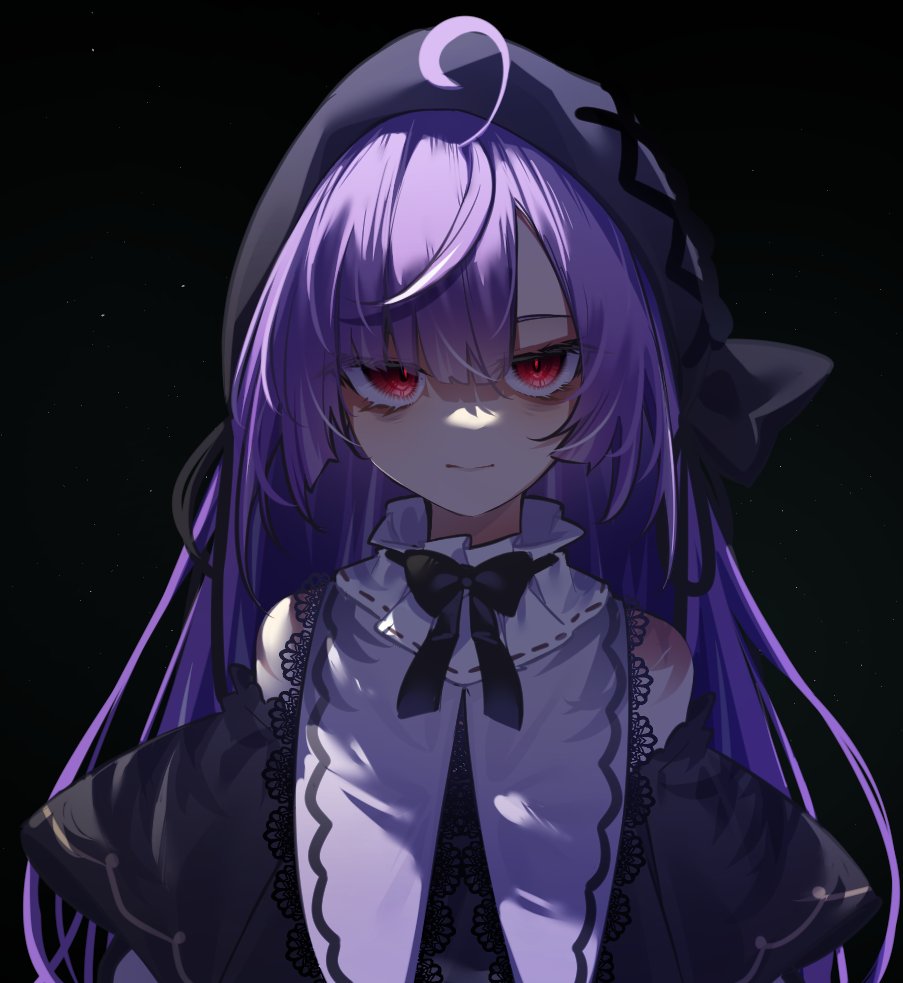 1girl, ahoge, bare_shoulders, beret, black_bow, black_hat, black_ribbon, bow, closed_mouth, collar, cowlick, detached_sleeves, dress, flat_chest, frilled_collar, frilled_dress, frills, gothic_lolita, hat, hatuho_1223, lolita_fashion, long_hair, looking_at_viewer, multicolored_hair, nanashi_inc., night, off-shoulder_dress, off_shoulder, official_alternate_costume, purple_hair, red_eyes, ribbon, shaded_face, shisui_kiki, shisui_kiki_(2nd_costume), sky, solo, star_(sky), streaked_hair, upper_body, virtual_youtuber, white_hair