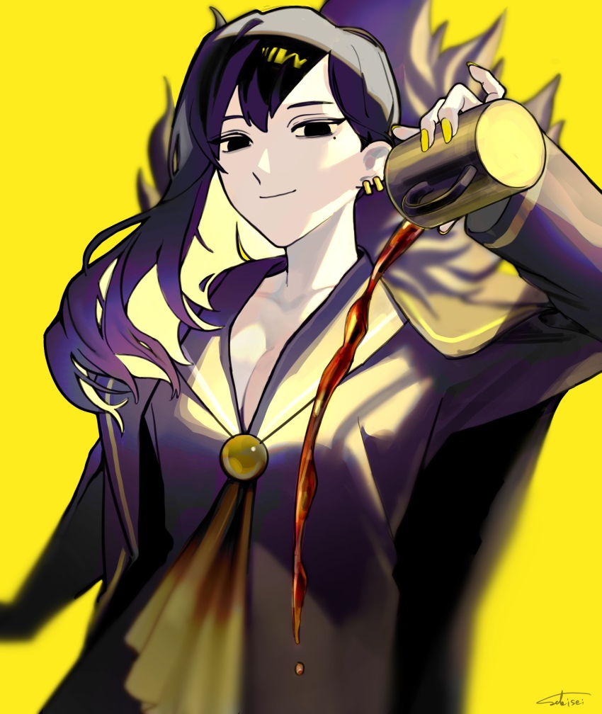 1girl, absurdres, arm_up, binah_(project_moon), black_eyes, black_sailor_collar, breasts, cleavage