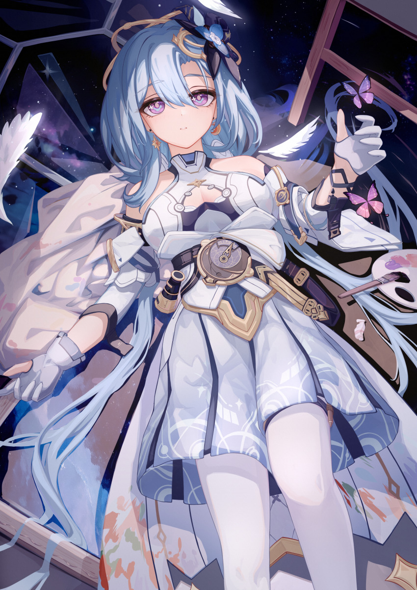 1girl, absurdres, aged_up, bare_shoulders, blackheart`, blue_hair, breasts, bug