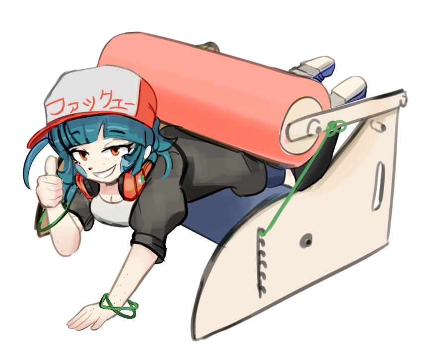 blue_hair, blunt_bangs, bracelet, female_focus, full_body, hat, headphones, headphones_around_neck