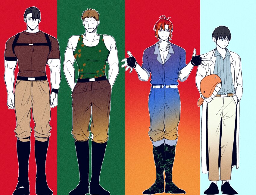 4boys, black_hair, blue_jumpsuit, boots, brown_hair, closed_mouth, collared_shirt, commentary_request