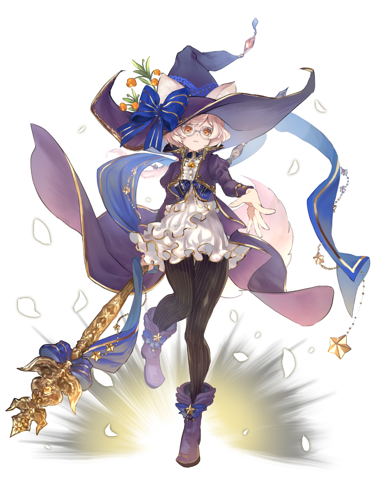 1girl, animal_ears, black_hat, black_pantyhose, blonde_hair, blue_bow, bow, chain_paradox, flower, fox_ears, full_body, glasses, hat, hat_flower, holding, holding_staff, ikaruga_touko, long_sleeves, looking_at_viewer, pantyhose, romayasu, short_hair, solo, staff, standing, white-framed_eyewear, witch_hat, yellow_eyes