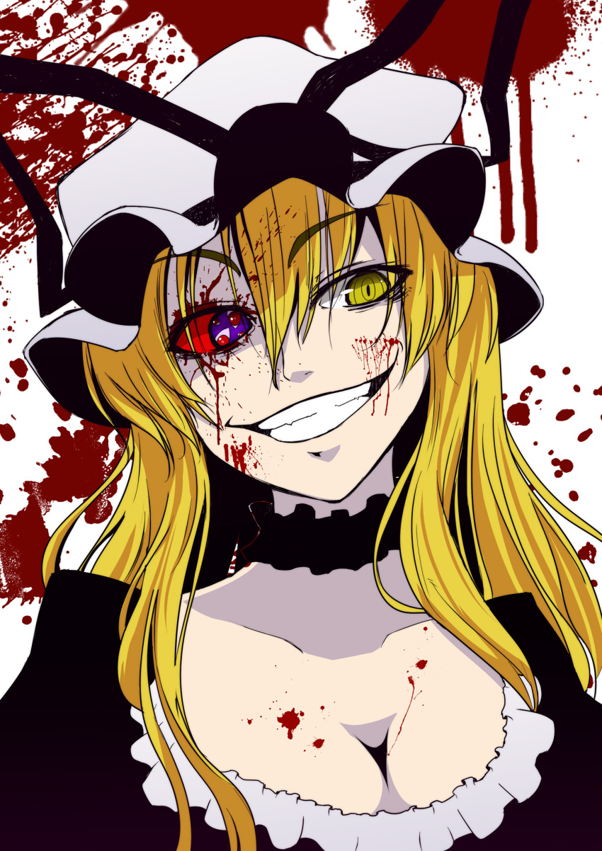1girl, blonde_hair, blood, colored_sclera, crazy, crazy_smile, creepy, din_(flypaper), eye_focus, female_focus, grin, hat, heterochromia, highres, horror_(theme), mismatched_sclera, red_sclera, ribbon, smile, solo, touhou, yakumo_yukari, yellow_eyes