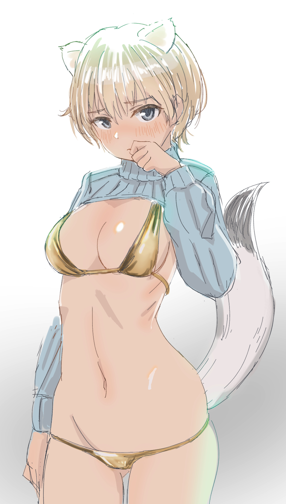 1girl, animal_ears, bikini, blonde_hair, blue_eyes, blush, brave_witches, breasts