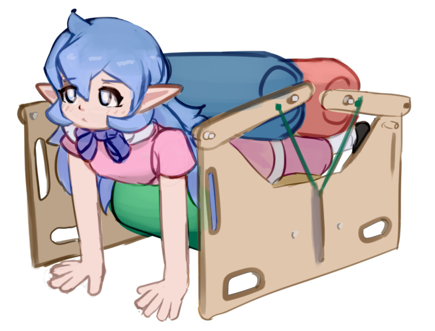 blue_eyes, blue_hair, character_request, female_focus, full_body, meme, pink_shirt, pointy_ears