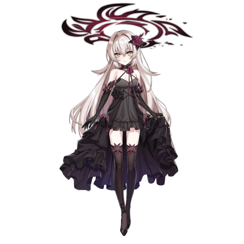 black_dress, blonde_hair, breasts, choker, counter:side, dress, eve_meitner, frilled_dress