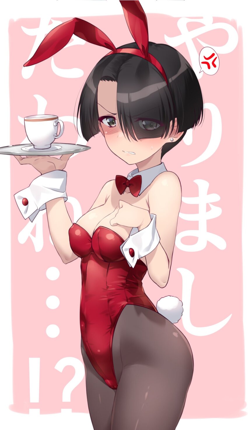 1girl, angry, animal_ears, bare_shoulders, black_hair, blunt_bangs, blush, breasts