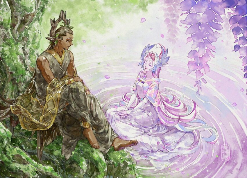 1boy, 1girl, :d, anklet, antlers, barefoot, black_hair, black_robe