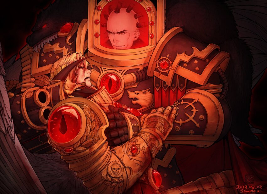 angel_wings, armor, artist_name, bald, black_armor, black_legion_(warhammer_40k), blonde_hair, blood