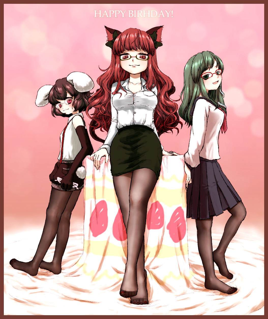 3girls, alternate_costume, animal_ears, bespectacled, rabbit_ears, rabbit_tail, contemporary, english_text, engrish_text, female_focus, glasses, happy_birthday, highres, inaba_tewi, kaenbyou_rin, kochiya_sanae, multiple_girls, pantyhose, ranguage, school_uniform, seductive_smile, serafuku, skirt, smile, tail, touhou, zo_tuite
