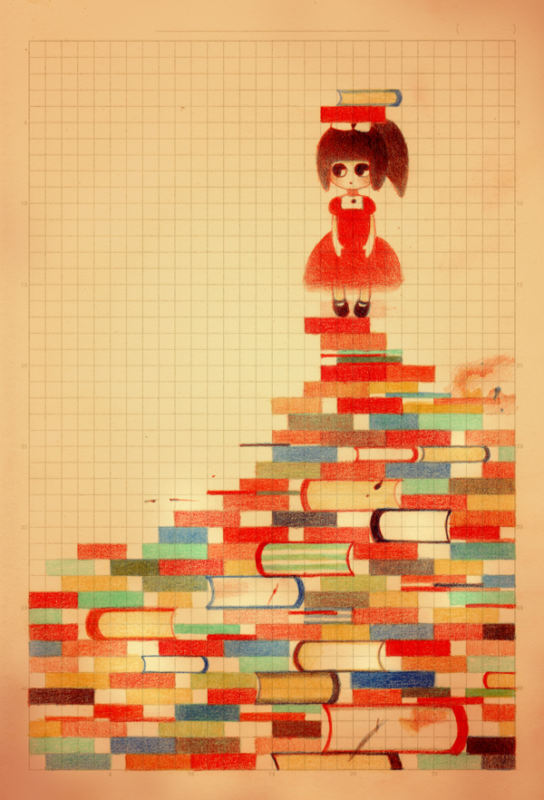 1girl, bad_id, bad_pixiv_id, book, book_stack, dress, female_focus, object_on_head