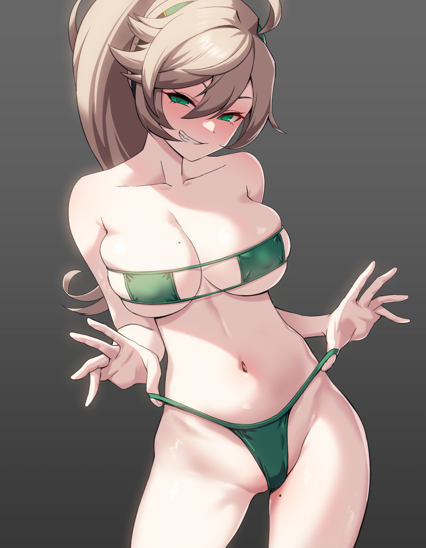 1girl, absurdres, bikini, blush, breasts, elsword, eyepatch_bikini, grin, highres, large_breasts, lithia_beryl_(elsword), nsd_(neangsadu), ponytail, smile, swimsuit