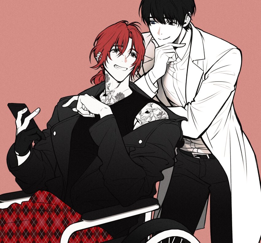 2boys, absurdres, black_hair, closed_mouth, collared_shirt, commentary_request, eoduun_badaui_deungbul-i_doeeo, flower_tattoo