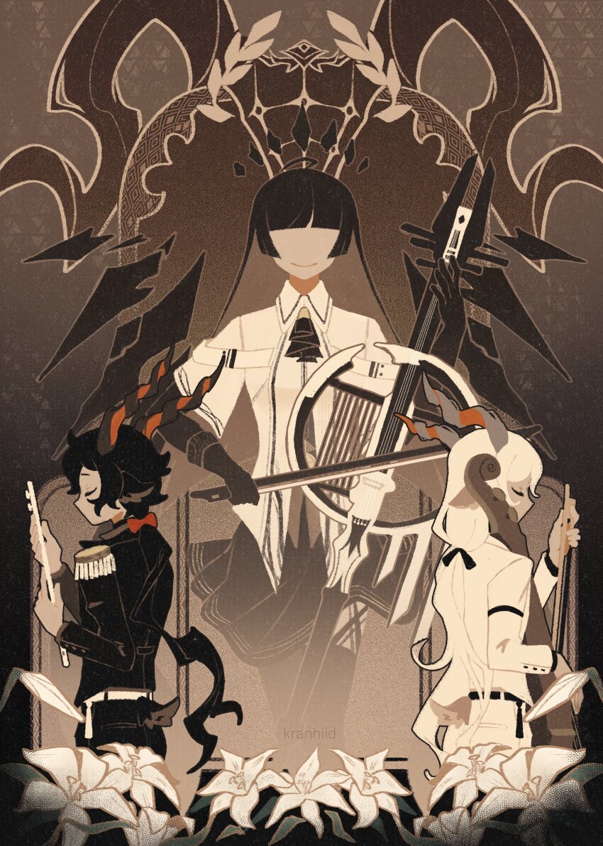 1girl, 3boys, abstract, absurdres, ahoge, animal_ear_fluff, animal_ears, arknights