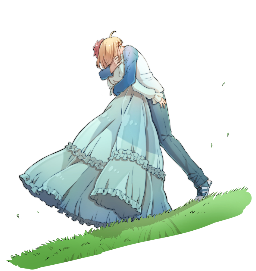 1boy, 1girl, absurdres, ahoge, aqua_dress, artoria_pendragon_(fate), baige_1028, blonde_hair