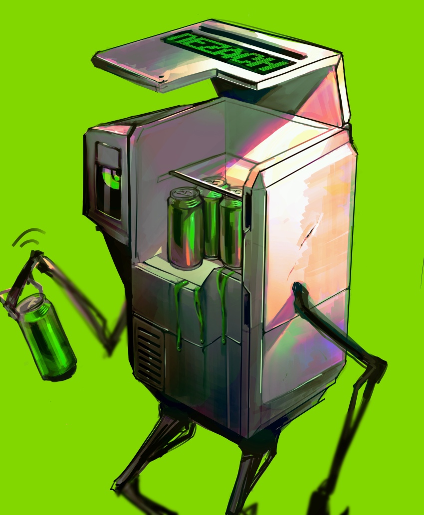 absurdres, artificial_eye, can, character_name, enkephalin_(project_moon), green_background, green_eyes, highres, lobotomy_corporation, looking_at_viewer, single_mechanical_eye, netzach_(project_moon), no_humans, project_moon, sekisei_mg, simple_background, spoilers