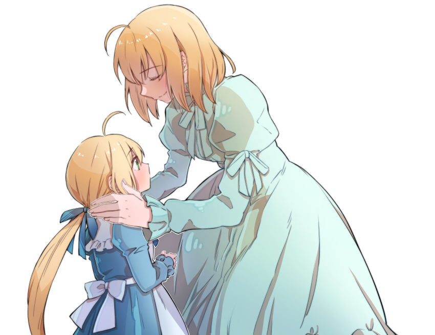 2girls, absurdres, ahoge, aqua_dress, artoria_pendragon_(fate), baige_1028, blonde_hair, blue_bow, blue_dress, bow, closed_eyes, dress, fate/stay_night, fate_(series), green_eyes, hair_bow, hands_on_another's_shoulders, highres, if_they_mated, long_bangs, long_hair, mother_and_child, mother_and_daughter, multiple_girls, parent_and_child, saber_(fate), simple_background, very_long_hair, white_background, white_bow