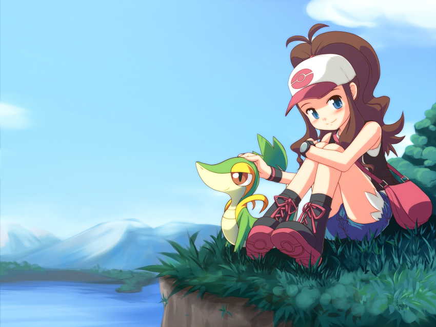 10s, 1girl, baseball_cap, blue_eyes, brown_hair, denim, denim_shorts, gen_5_pokemon