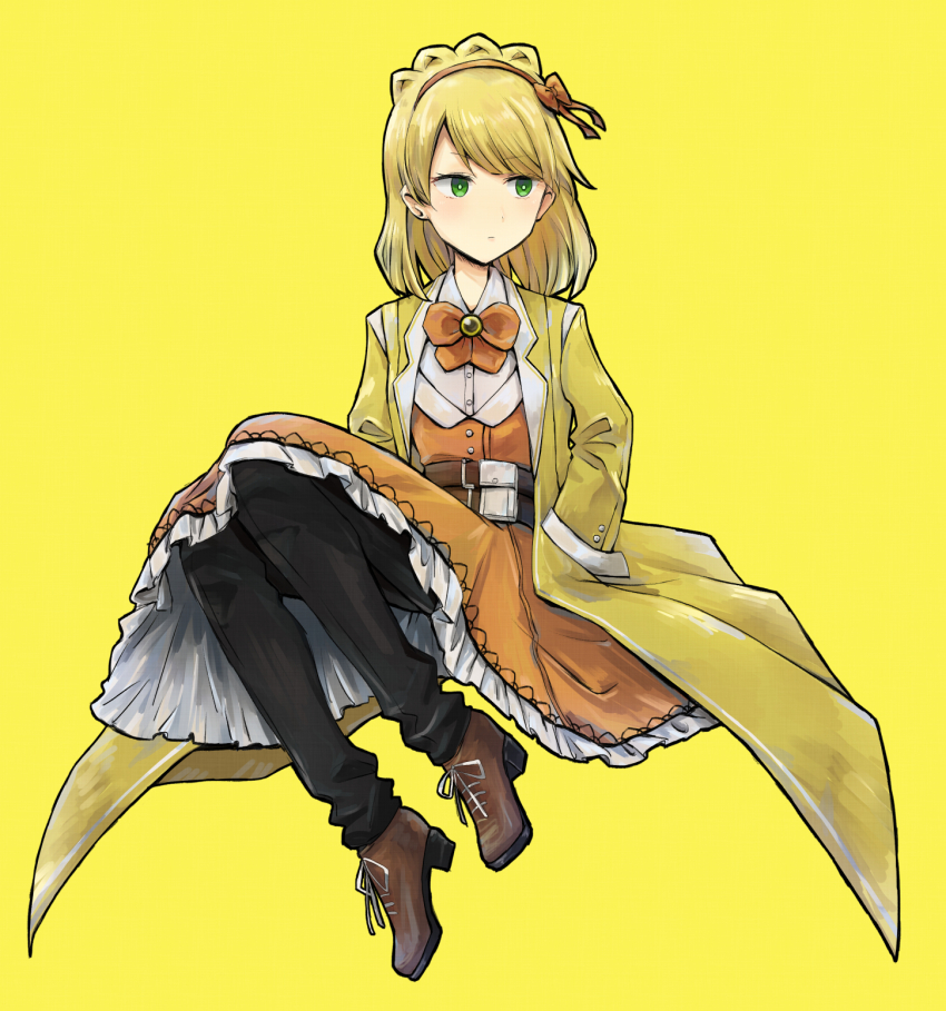 1girl, black_pants, blonde_hair, bow, bowtie, braid, brown_shoes, closed_mouth