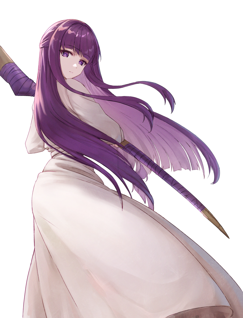 1girl, absurdres, blunt_bangs, bright_pupils, closed_mouth, commentary, cowboy_shot, dress, fern_(sousou_no_frieren), from_behind, highres, huuukky, long_dress, long_sleeves, looking_at_viewer, mage_staff, purple_eyes, purple_hair, simple_background, solo, sousou_no_frieren, staff, white_background, white_dress