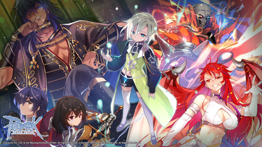 2girls, 4boys, arch_mage_(ragnarok_online), betelgeuse_(ragnarok_online), black_footwear, black_gloves, black_hair, black_pants, black_shirt, black_shorts, black_vest, blue_eyes, bracer, breasts, chain, character_request, cleavage, crop_top, crown_of_thorns, dark-skinned_male, dark_skin, dragon_knight_(ragnarok_online), dragon_wings, elbow_gloves, eye_trail, full_body, gauntlets, gloves, grey_footwear, grey_hair, grin, hair_between_eyes, hair_over_one_eye, heterochromia, highres, holding, holding_sword, holding_weapon, large_breasts, leticia_(ragnarok_online), light_trail, long_bangs, long_hair, long_sleeves, looking_at_viewer, midriff, multiple_boys, multiple_girls, naght_sieger, navel, official_art, official_wallpaper, oscar_(ragnarok_online), pants, pectoral_cleavage, pectorals, ragnarok_online, red_eyes, red_hair, red_wings, shirt, shoes, short_hair, shorts, sleeveless, sleeveless_shirt, smile, standing, sword, tan, thighhighs, undead, upper_body, vest, weapon, white_gloves, white_shirt, white_thighhighs, wings