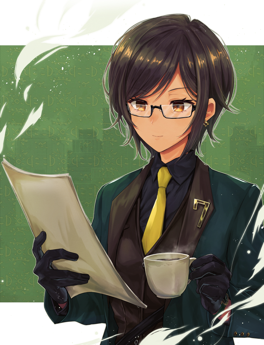 1girl, black_gloves, black_shirt, brown_eyes, brown_hair, closed_mouth, collared_shirt, cup
