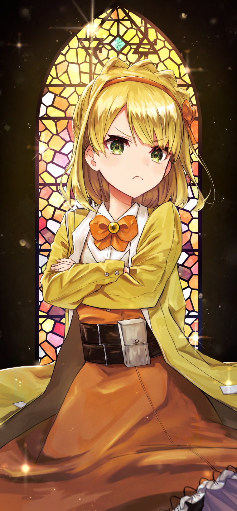 1girl, blonde_hair, bow, bowtie, closed_mouth, coat, cowboy_shot, dress