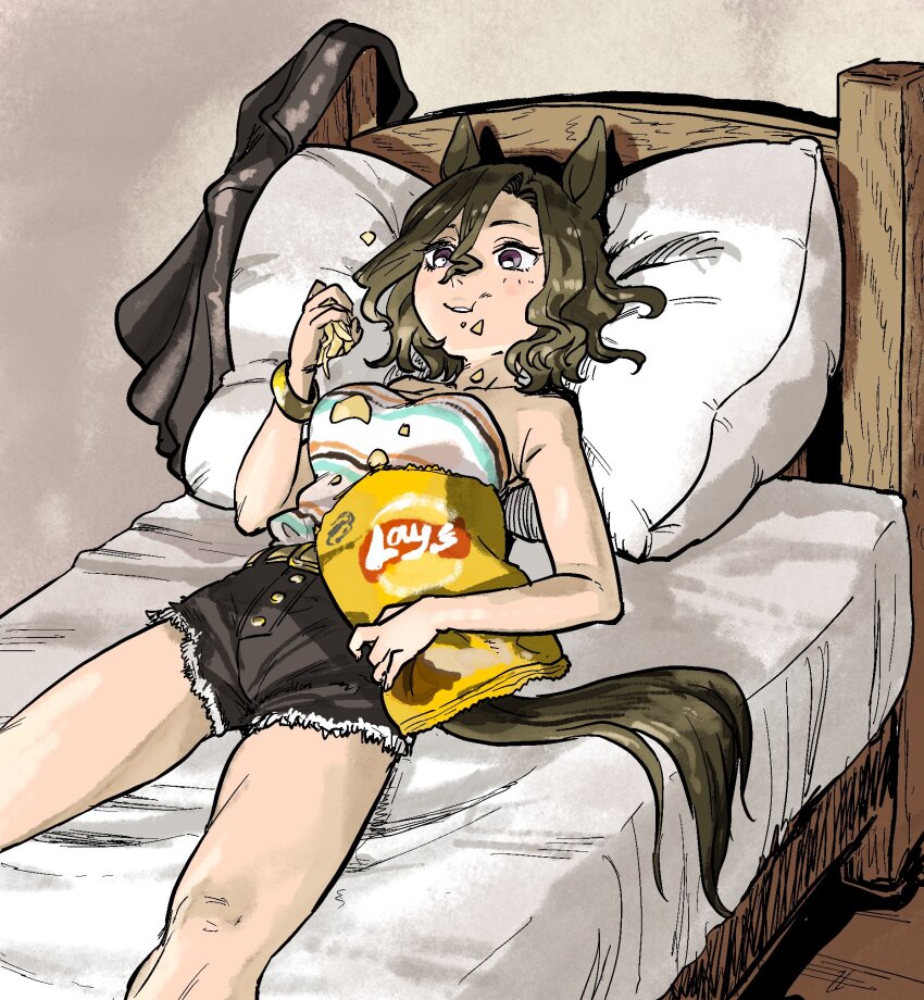 animal_ears, bag, bare_shoulders, black_jacket, black_shorts, breasts, brown_hair, chips_(food), commentary_request, crop_top, crumbs, denim, denim_shorts, e-ncyo, eating, food, food_on_clothes, food_on_face, grey_background, hair_between_eyes, highres, holding, holding_bag, horse_ears, horse_girl, horse_tail, indoors, jacket, large_breasts, lay's_(potato_chips), lying, on_bed, pillow, potato_chips, purple_eyes, shirt, short_hair, shorts, simple_background, striped_clothes, striped_shirt, tail, tap_dance_city_(umamusume), umamusume
