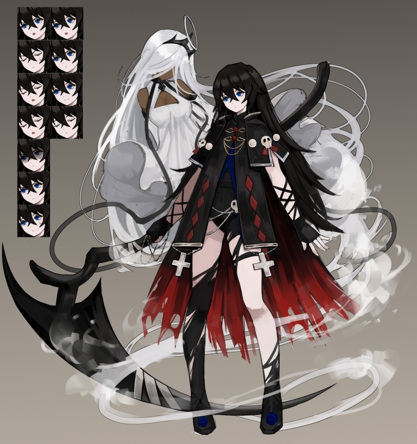 2girls, black_coat, black_gloves, black_hair, black_leotard, black_thighhighs, breasts, cleavage, coat, crown, dark-skinned_female, dark_skin, fan_zhongli_cangshu, fingerless_gloves, full_body, gloves, grey_background, halo, highres, holding, holding_scythe, leotard, library_of_ruina, long_hair, medium_breasts, multiple_girls, original, project_moon, scythe, simple_background, small_breasts, thighhighs, torn_clothes, torn_thighhighs, very_long_hair, white_hair