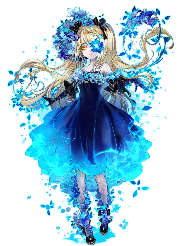 1girl, black_gloves, black_ribbon, blonde_hair, blue_dress, blue_flower, dairoku_ryouhei, dress, elbow_gloves, eyepatch, flower, flower_over_eye, full_body, gloves, hair_ribbon, long_hair, looking_at_viewer, lucy_bluebell, miyo1101, ribbon, sleeveless, sleeveless_dress, standing, transparent_background, twintails, yellow_eyes