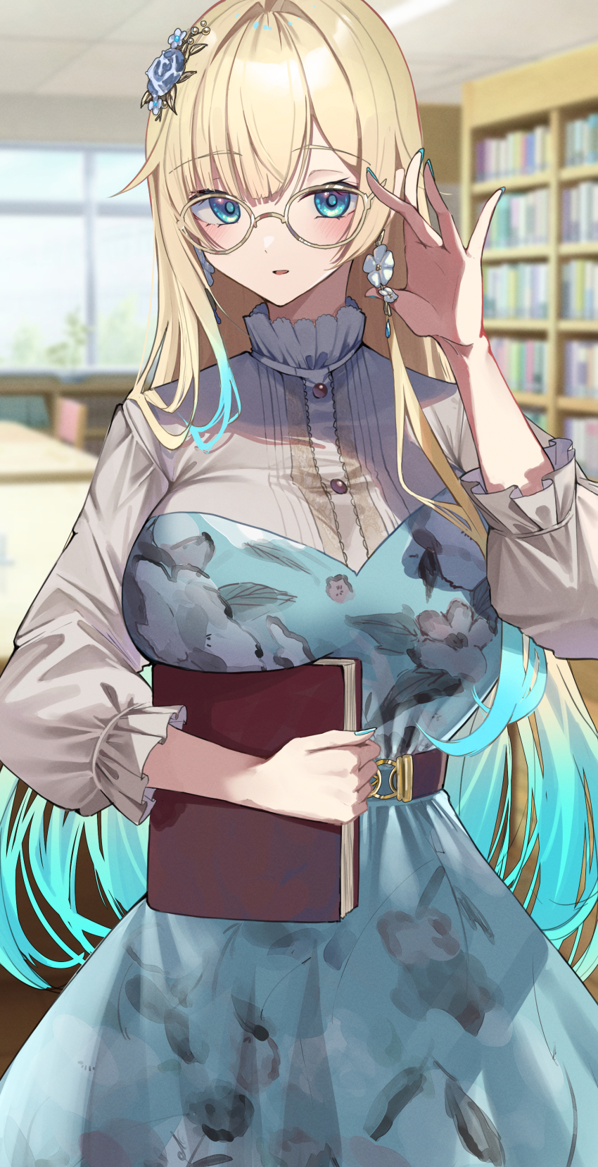 1girl, absurdres, adjusting_eyewear, aizawa_ema, aizawa_ema_(3rd_costume), aqua_hair, belt, blonde_hair, blue_dress, blue_eyes, blue_nails, blush, book, breast_lift, breasts, brown_belt, dress, earrings, flower_earrings, glasses, gradient_hair, hair_ornament, hairpin, highres, holding, holding_book, indoors, jewelry, large_breasts, layered_dress, library, long_hair, long_sleeves, looking_at_viewer, multicolored_hair, parted_lips, puffy_long_sleeves, puffy_sleeves, shiro_marimo, shirt, solo, very_long_hair, virtual_youtuber, vspo!, white_shirt, yellow-framed_eyewear