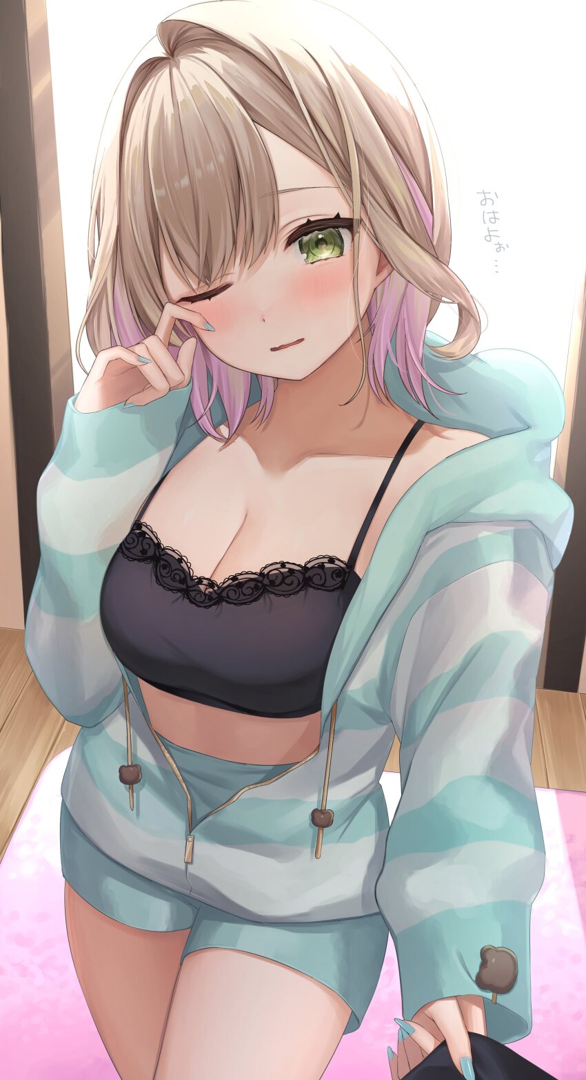 0707_una, 1girl, absurdres, black_camisole, blonde_hair, blue_hoodie, blue_nails, blue_shorts