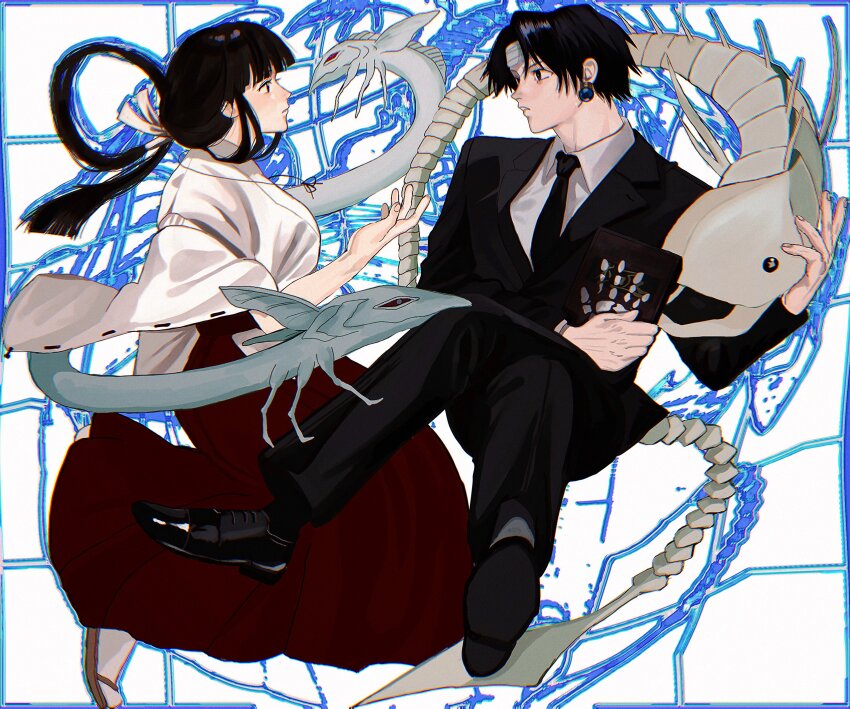 1boy, 1girl, absurdres, black_eyes, black_footwear, black_hair, blunt_bangs, blunt_ends, book, chrollo_lucilfer, crossed_legs, crossover, earrings, formal_clothes, hakama, headband, highres, holding, holding_book, hunter_x_hunter, indoor_fish, inuyasha, japanese_clothes, jewelry, kikyou_(inuyasha), long_hair, looking_at_another, low_ponytail, midair, miko, miko_hxh, ponytail, red_hakama, sandals, shinidamachuu, short_hair, suit, zouri