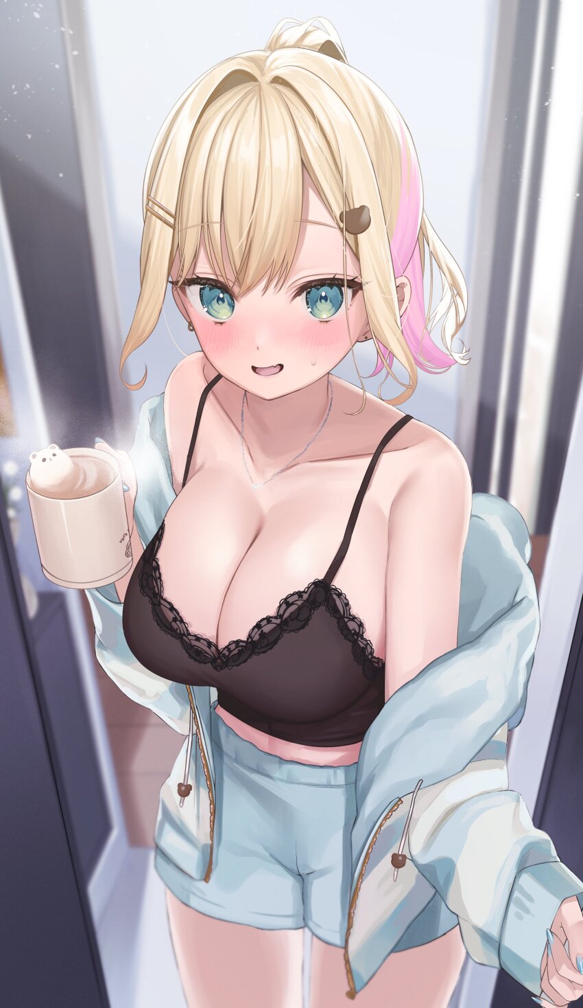 0707_una, 1girl, absurdres, bare_shoulders, black_camisole, blue_hoodie, blue_shorts, blush, breasts, camisole, cleavage, colored_inner_hair, cowboy_shot, cup, doorway, earrings, food, green_eyes, hair_ornament, hairclip, highres, holding, holding_cup, hood, hoodie, hot_chocolate, jewelry, kurumi_noah, kurumi_noah_(6th_costume), lace-trimmed_camisole, lace_trim, large_breasts, long_sleeves, looking_at_viewer, marshmallow, midriff, mug, multicolored_hair, necklace, nose_blush, off_shoulder, open_clothes, open_hoodie, open_mouth, opening_door, pink_hair, ponytail, pov_doorway, short_hair, shorts, sleeves_past_wrists, solo, striped_clothes, striped_hoodie, virtual_youtuber, vspo!