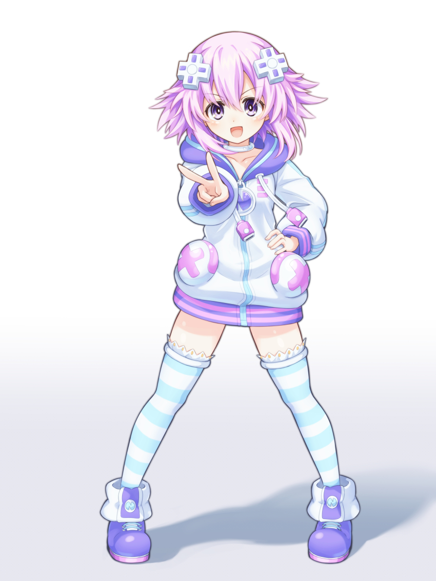 1girl, absurdres, choker, d-pad, d-pad_hair_ornament, full_body, hair_ornament, highres, jacket, legs_apart, long_sleeves, looking_at_viewer, matching_hair/eyes, neptune_(neptunia), neptune_(series), parka, purple_eyes, purple_hair, shionic_zm, short_hair, smile, solo, striped_clothes, striped_legwear, striped_thighhighs, thighhighs, v, white_background, white_choker, white_jacket
