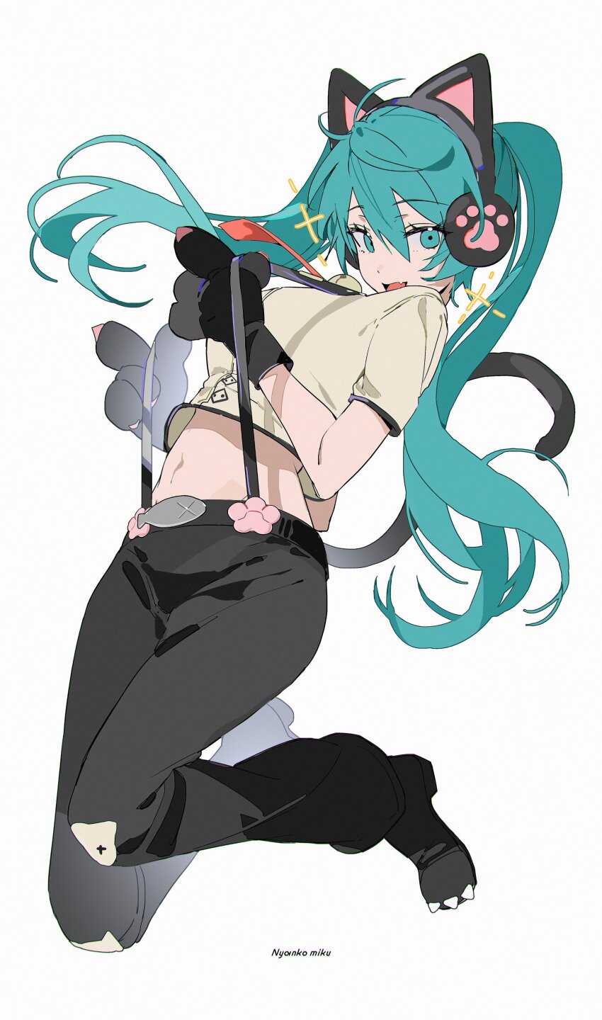 1girl, absurdres, alternate_costume, animal_ear_headphones, animal_ears, animal_hands, aqua_eyes, aqua_hair