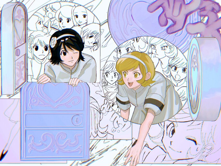 2girls, ;), absurdres, alternate_hairstyle, black_eyes, black_hair, blonde_hair, door, dress, flower, fuugetsu_hui_guo_rou, hair_flower, hair_ornament, hairband, highres, hunter_x_hunter, kachou_hui_guo_rou, looking_at_another, miko_hxh, multiple_girls, multiple_views, one_eye_closed, open_mouth, partially_colored, reaching, round_door, short_hair, short_sleeves, siblings, sisters, smile, tears, white_dress, white_hairband, yellow_eyes