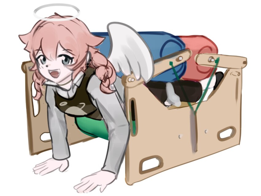 angel_wings, blue_eyes, female_focus, full_body, gumpai, halo, indie_virtual_youtuber, long_sleeves