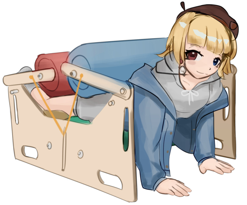 1girl, blonde_hair, blue_eyes, female_focus, full_body, hat, heterochromia, highres